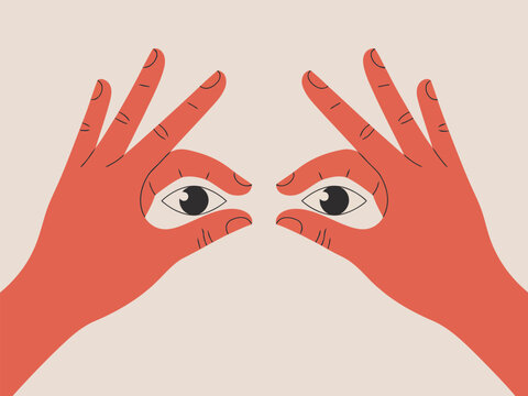 Surreal illustration of hands forming eyes with eyes within a playful optical illusion