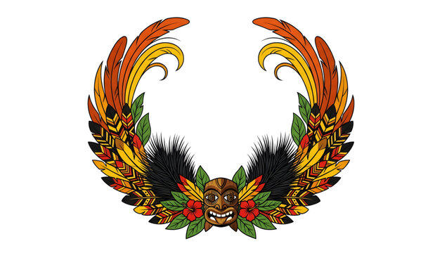 tiki mask with tropical bird feathers wreath and hibiscus flowers on transparent background