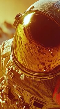 Astronaut walks through arid landscape, explores unknown terrain vertical frame