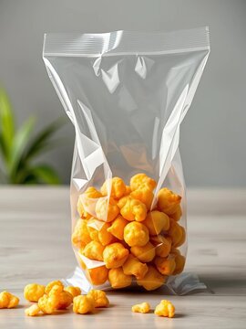 Golden brown cheese puffs in a translucent bag, a light and airy indulgence for any time, cheese puffs,  snack