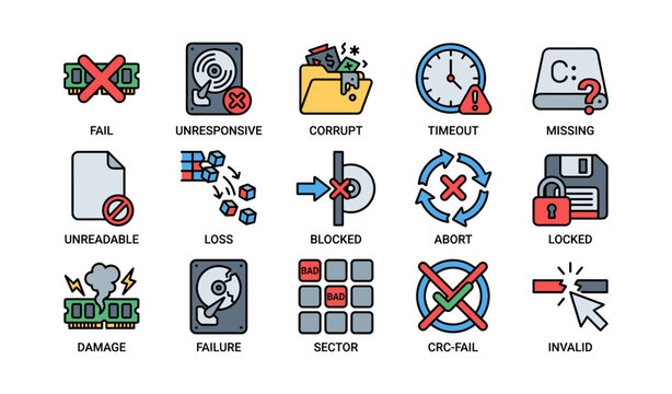 Storage and data failure icons showing fault states on white grid