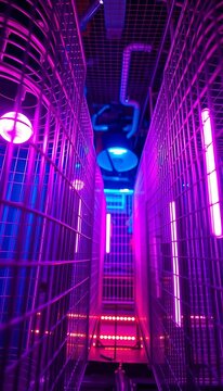 Intricate wire cages bathed in electric amethyst and cyan light, captured from a worm's-eye view emphasizing verticality and oppressive design,  urban,  atmospheric