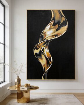 fluid abstract golden form on dark background expressing motion transformation and modern elegance