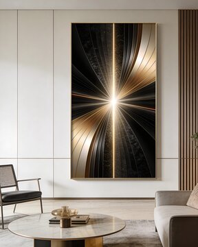 modern luxury interior with abstract wall art featuring radiant golden light burst as focal point
