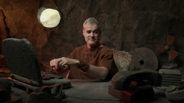 Prehistoric office worker typing with a laptop and answering phone calls, all office supplies and devices are made of stone