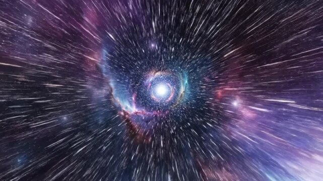 Dynamic animation of rapid interstellar travel through a vibrant cosmic wormhole. Stars and nebulae create a stunning visual effect of speed and cosmic exploration.