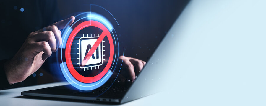 Hand interacting with digital prohibition symbol over AI chip on laptop illustrating technology restriction concept in futuristic style.