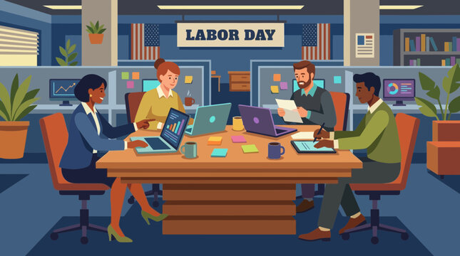 Diverse Office Team Working Together with Labor Day Banner and USA Flags