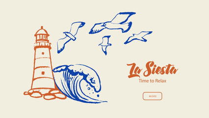 Italy Mediterranean coastal vacation banner. Hand drawn sketch sea poster. Dolce vita summer vibe. Vintage summer vector illustration © pim