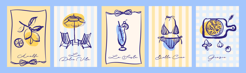 Vintage summer Italian Mediterranean coastal banner set. Hand drawn vector illustration. Amalfi crayon sketch beach vacation design. © pim