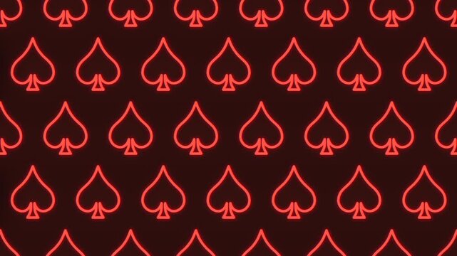 Abstract footage of repeating neon red spade icons glowing on a dark background, seamless pattern style for casino, poker, gambling themes, and modern motion design