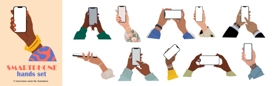 Flat vector illustration set of diverse human hands holding smartphones in different angles, positions, and gestures. Includes male and female hands with various skin tones, modern mobile devices