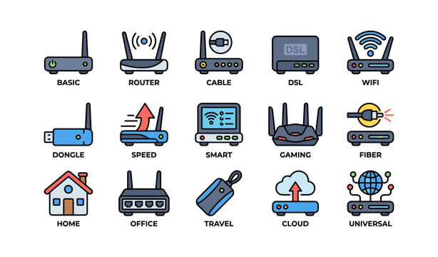 Networking and wifi icons set arranged in grid layout