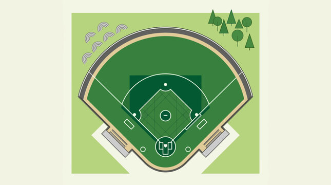 Vibrant overhead illustration showcasing a meticulously designed baseball field layout, complete with diamond, bases, and spectator areas, ideal for sports event graphics and recreational planning