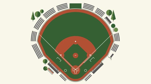 Top-down view of a classic baseball stadium with green field, red infield, and spectator stands. Flat design illustration depicting a sports arena for professional or amateur games
