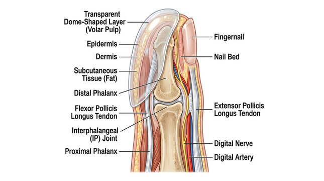 Longitudinal cross‑section of the finger and nail complex showing proximal and distal phalanges, PIP joint, flexor tendons, extensor pollicis longus, nail bed, nail fold, epidermis, dermis, subcutaneo