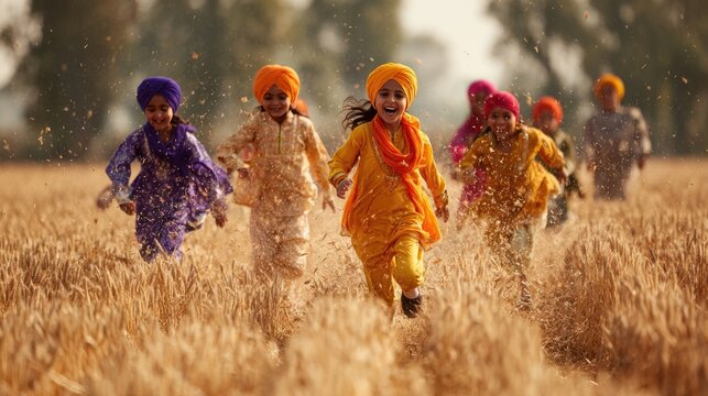 Commercial photograph of joyful Punjabi children ages 5-10 in full Bhangra costume running 
