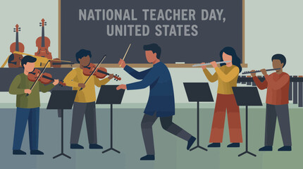 Fototapeta premium Music teacher conducting a student orchestra in classroom