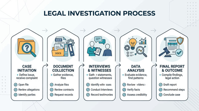 Comprehensive visual guide to the legal investigation process, detailing each critical step from initial case initiation to final report and outcome