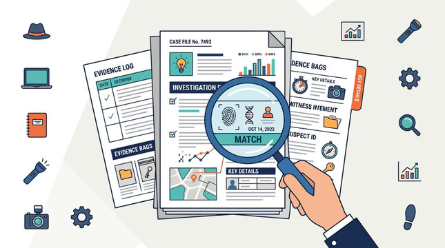 Thorough criminal investigation and forensic analysis concept with evidence documents, detective tools, and comprehensive data examination for legal proceedings