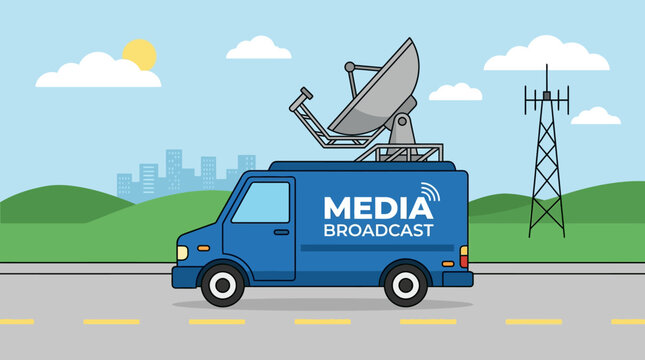 Mobile broadcast van with satellite dish and antenna tower on a road for media transmission