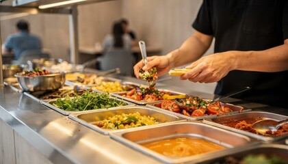 Obraz premium Medium shot highlighting the takeaway corner of a fastcasual eatery staff assembling food orders with vibrant toppings in crisp detail while the waiting area remains softly out of