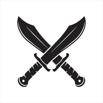 Two curved kukri knives crossed against a plain gray background.eps