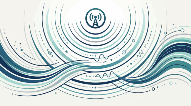 Abstract waves of blue and teal emanating from a broadcast tower, symbolizing wireless communication and signal transmission