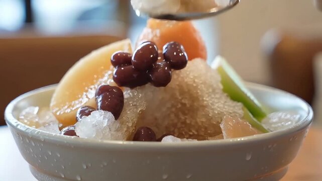 Delicious Asian shaved ice dessert is served with red beans fruits and ice The use case is for dessert concepts