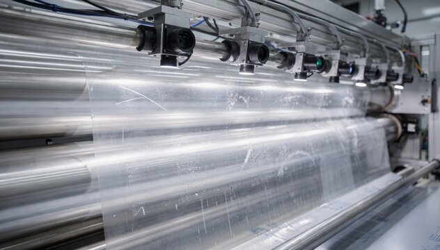 Highspeed automated roll inspection cameras monitoring fastmoving film rolls effectively identifying surface defects like gels and streaks for seamless manufacturing processes.