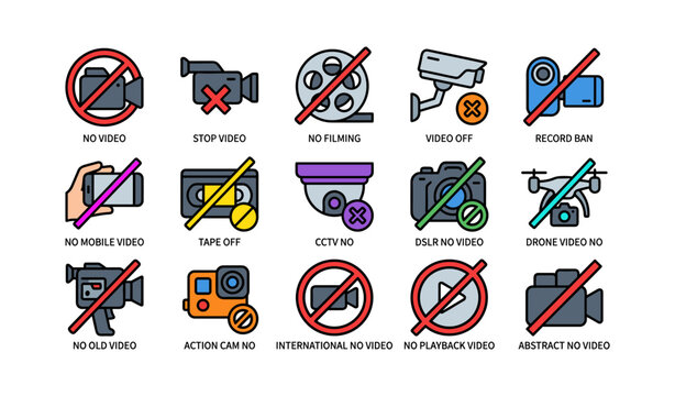 No video and recording prohibition icons on white background