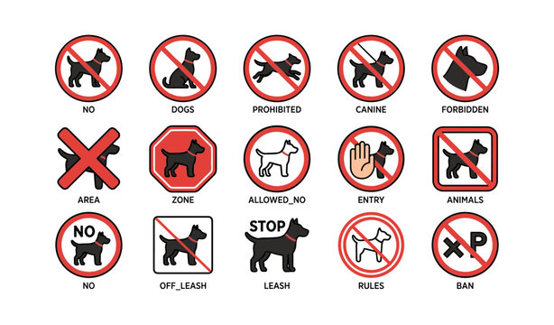 No dogs and prohibition icons showing dog bans and entry rules