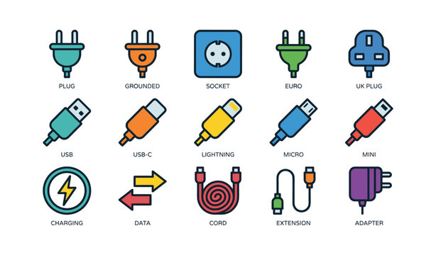 Various plug and cable icons arranged in grid on white background