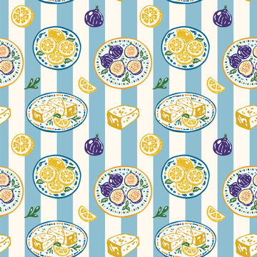 Mediterranean food vector doodle seamless striped pattern featuring cheese, figs and lemons arranged on decorative patterned plates in hand-drawn colorful naive style