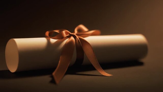 Scroll tied with a ribbon holding a degree or diploma. Suitable for graduation, education, certifications, academic achievement, career advancement concepts.