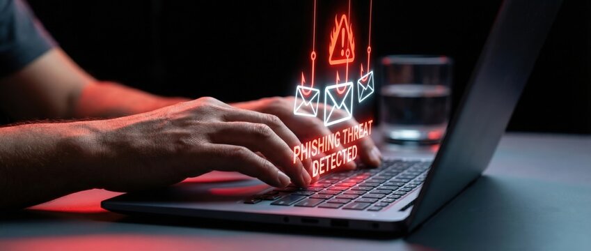 Detecting phishing threats in cybersecurity digital workspace graphic content dark environment close-up viewpoint online safety awareness