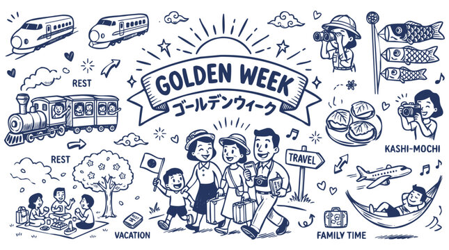 Vintage 1930s Style Golden Week Japan Holiday and Travel Doodle Set