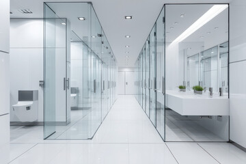 Fototapeta premium Modern bathroom interior design commercial restroom clean environment glass features minimalist concept