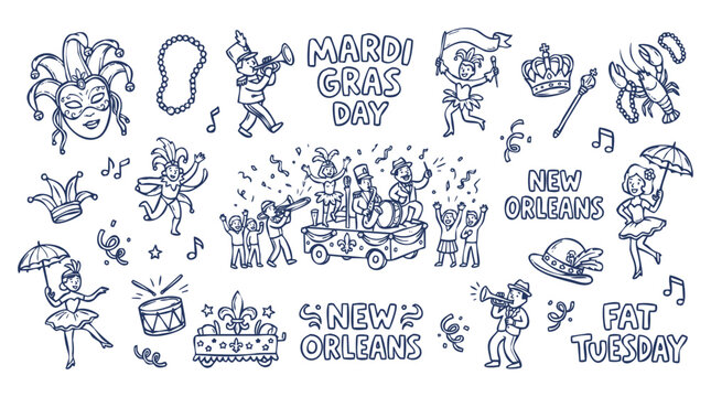 Vintage 1930s Style Mardi Gras Day and New Orleans Carnival Doodle Set