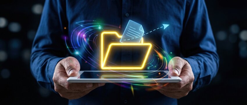 Digital file management action virtual workspace graphic design modern technology environment close-up viewpoint innovation in data organization