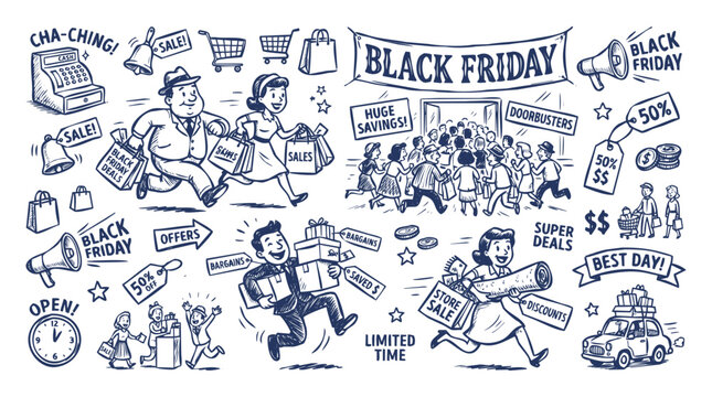 Vintage 1930s Style Black Friday Shopping and Holiday Sale Doodle Set