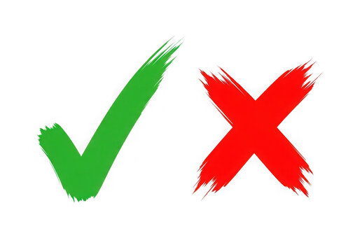 Green check mark and red cross symbol isolated on transparent background