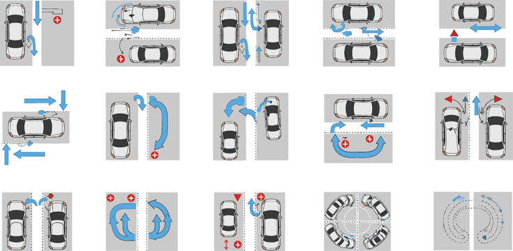 Car parking techniques and driving maneuvers set with top view vehicles, directional arrows and turning guides, driver education and traffic training vector illustration