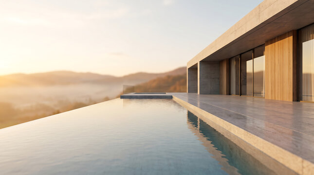 Modern architectural villa with infinity pool overlooking mountains at sunrise, featuring large glass windows and wooden accents in a serene outdoor setting
