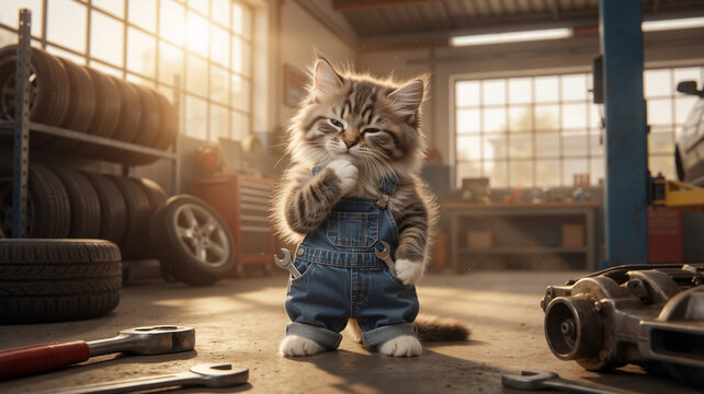 Cute kitten mechanic in denim overalls thinking in a garage. Funny pet worker with tools and wrenches