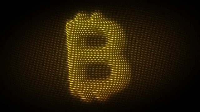 Golden Bitcoin Symbol Rotating Animation, Digital Dot Particles on Dark Background, Glowing Dot Grid 3D Cryptocurrency Symbol, 4K Seamless Loop