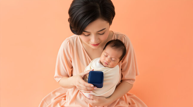 Asian mother holding sleeping newborn baby and gift box on peach background. Woman with swaddled infant and jewelry box. Mother's Day gift concept