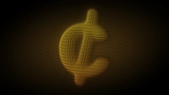 Golden Cent Symbol Rotating Animation, Digital Dot Particles on Dark Background, Glowing Dot Grid 3D Currency Symbol, 4K Seamless Loop