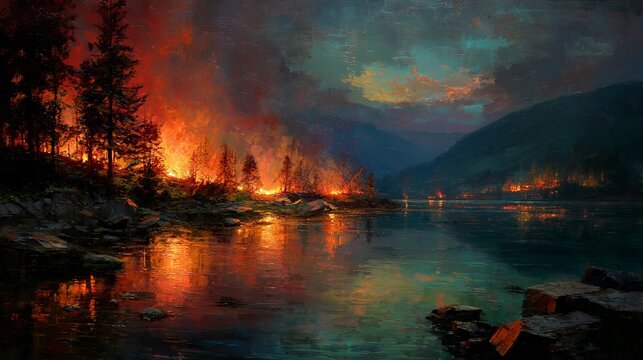 Fire crackled by the lake when dark.