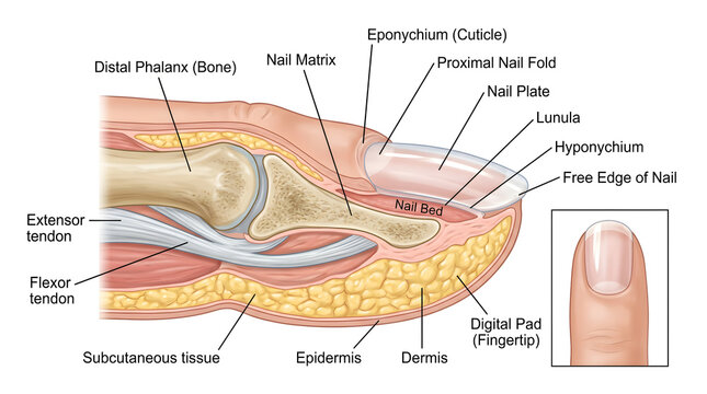 Sagittal cross‑section of the fingertip and nail unit showing distal phalanx bone, nail matrix, proximal nail fold, nail plate, lunula, eponychium, hyponychium, flexor and extensor tendons, digital pa